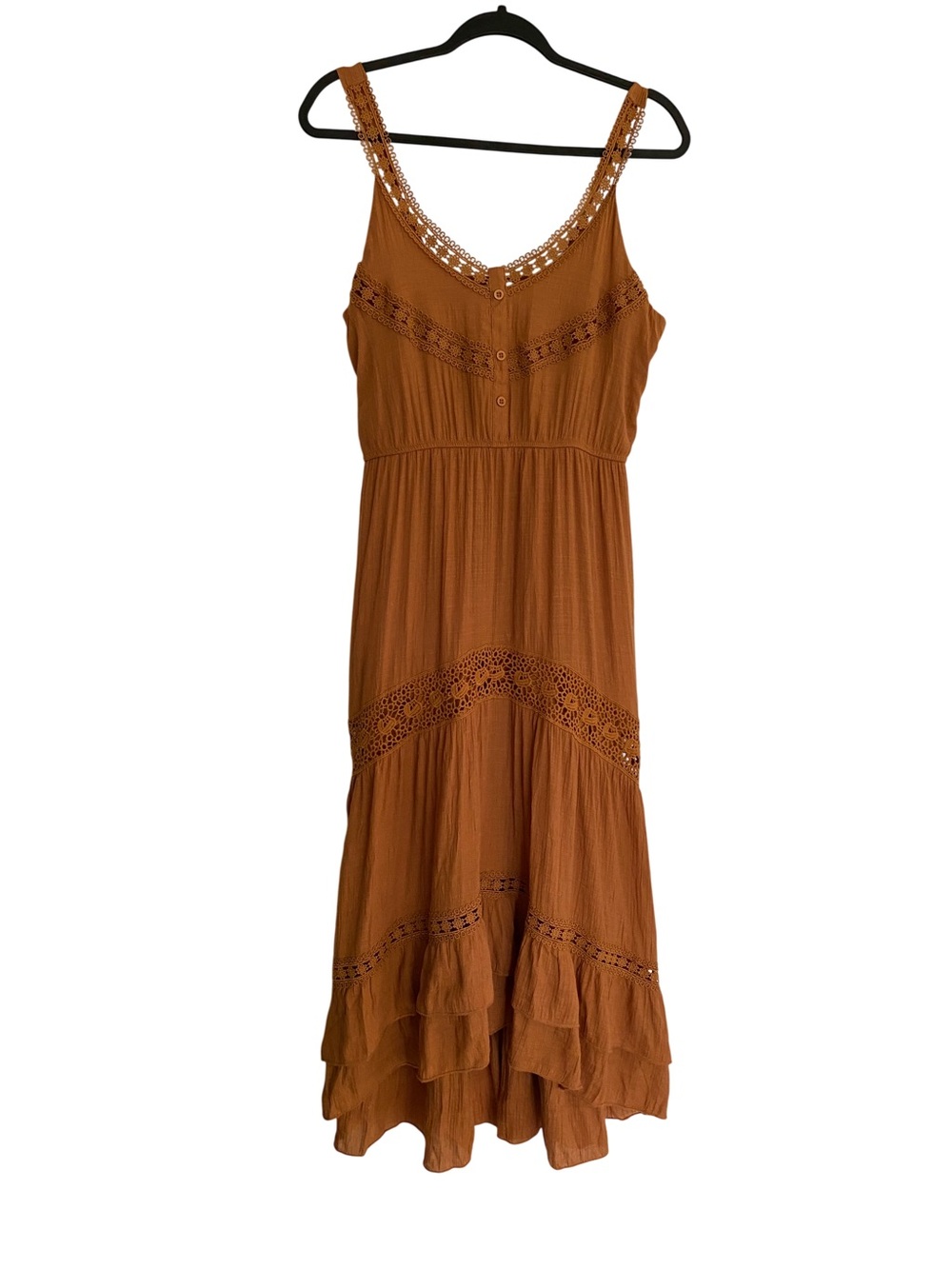 Maxi Sundress Boho Lace Ruffle Crochet Dress Tiered Bohemian High Low Dress L